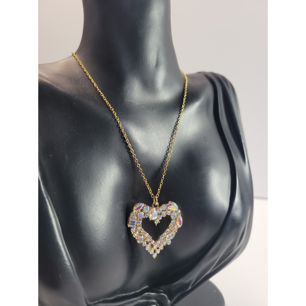 Gold Tone Open Heart Pendant Necklace Iridescent Clear Rhinestone Statement